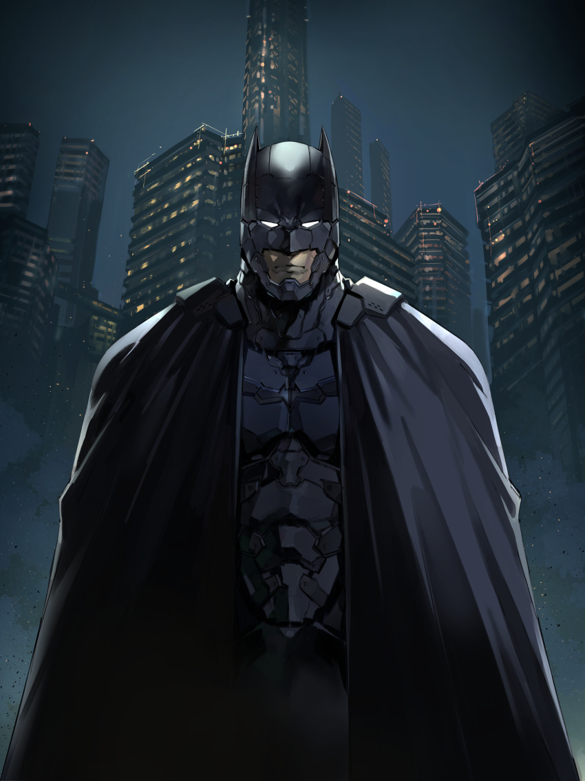 1boy absurdres animal_ears armor bat_ears batman batman_(series) black_cape building cape closed_mouth fake_animal_ears frown helmet highres looking_at_viewer male_focus night night_sky no_pupils outdoors shimoguchi_tomohiro sky smoke solo standing steam white_eyes