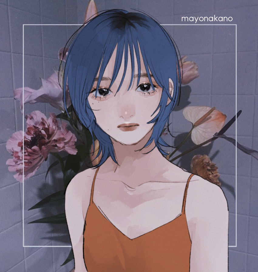 1girl bangs black_eyes blue_hair collarbone flower highres looking_at_viewer orange_camisole original photo_background short_hair signature solo tami_moon upper_body