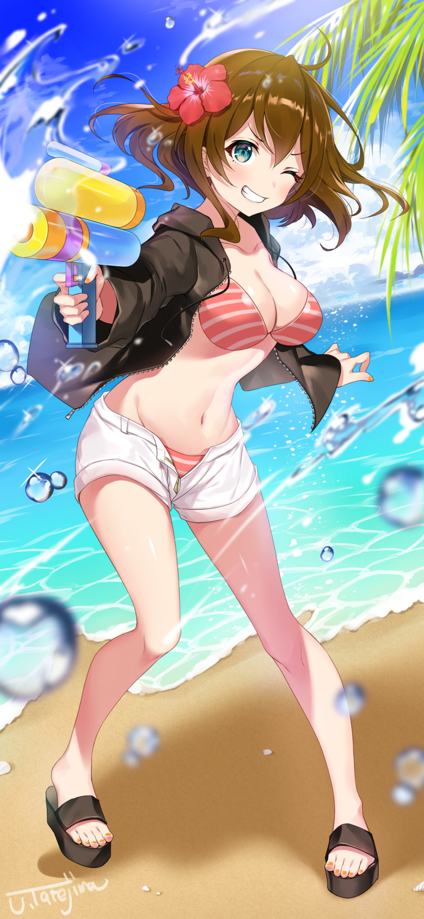 1girl absurdres ahoge bangs beach bikini blue_eyes blush breasts character_request clouds collarbone copyright_request flower full_body groin gun hair_flower hair_ornament hands_up highres holding holding_gun holding_weapon jacket large_breasts leaf legs looking_at_viewer navel ocean one_eye_closed open_clothes open_mouth red_flower rei_(kinokotype) sand short_shorts shorts sky solo standing swimsuit teeth water water_drop water_gun weapon