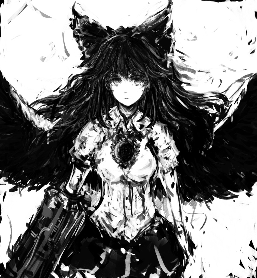 1girl absurdres arms_at_sides bangs bird_wings bow breasts collared_shirt control_rod facing_viewer feathered_wings floating_hair greyscale hair_bow highres long_hair looking_at_viewer medium_breasts merpperoni monochrome reiuji_utsuho shirt short_sleeves simple_background skirt solo spread_wings third_eye touhou white_background wings