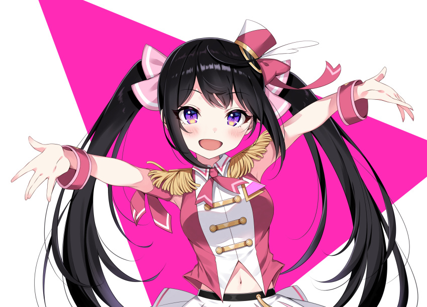 1girl armpits arms_up bangs black_hair blush bow breasts clothing_cutout eyebrows_visible_through_hair floating_hair hanayashiki_momoyaka hat hat_feather highres long_hair looking_at_viewer medium_breasts nail_polish navel navel_cutout open_mouth philharmonic_princesses pink_background pink_bow pink_headwear rei_(kinokotype) simple_background skirt solo twintails violet_eyes virtual_youtuber white_background