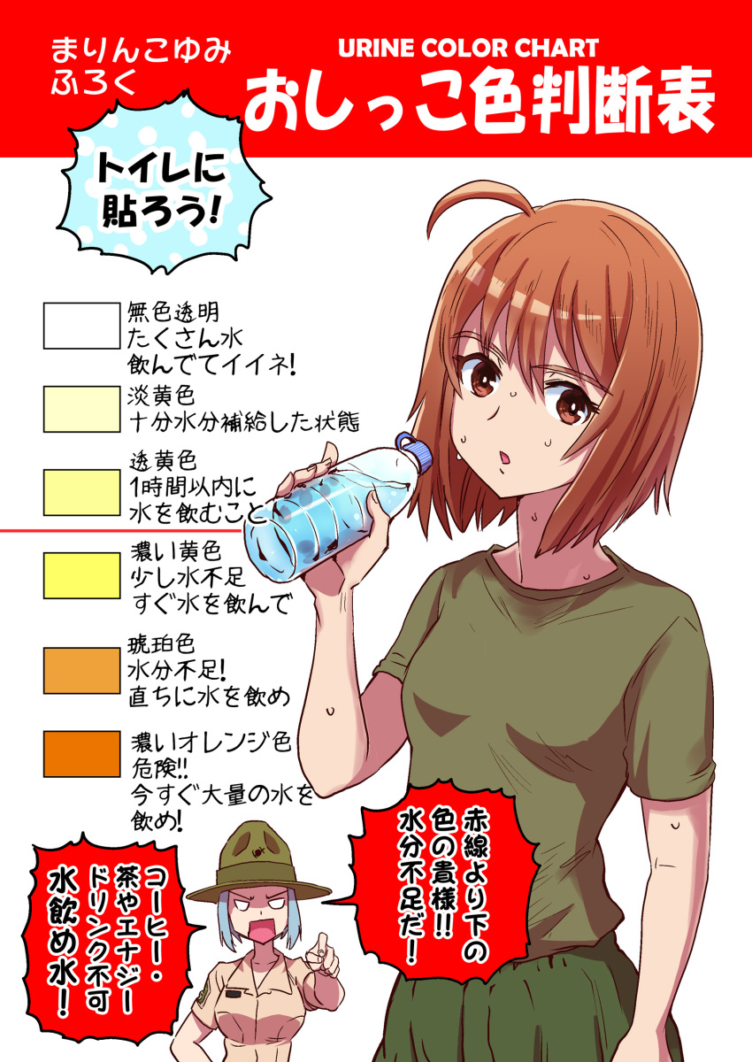 2girls :o absurdres ahoge bangs blank_eyes blue_hair bob_cut bottle brown_eyes brown_hair brown_shirt campaign_hat collared_shirt commentary_request english_text eyebrows_visible_through_hair frown green_headwear green_shirt green_shorts gym_uniform highres holding holding_bottle looking_at_another looking_at_viewer marine_corps_yumi military military_uniform multiple_girls nagumo_yumi nogami_takeshi open_mouth regina_derringer shirt short_hair short_sleeves shorts standing sweat t-shirt translation_request uniform united_states_marine_corps v-shaped_eyes water_bottle