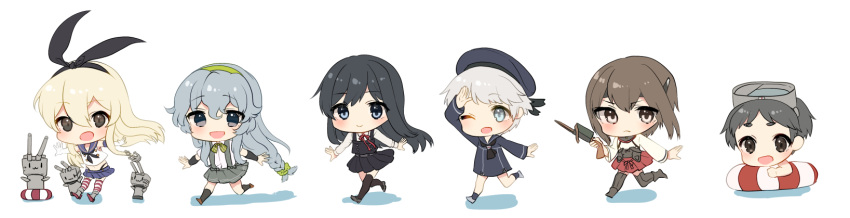 6+girls akagi_kurage asashio_(kantai_collection) bangs black_dress black_hair black_legwear blonde_hair blue_skirt braid brown_hair chibi closed_mouth diving_mask diving_mask_on_head dress elbow_gloves eyebrows_visible_through_hair gloves grey_hair grey_skirt hair_between_eyes hair_ornament hair_scrunchie hairband hat headgear highres innertube kantai_collection long_hair long_sleeves maru-yu_(kantai_collection) multiple_girls one_eye_closed open_mouth pinafore_dress rensouhou-chan sailor_collar sailor_dress sailor_hat school_uniform scrunchie serafuku shimakaze_(kantai_collection) short_hair silver_hair simple_background single_braid skirt striped striped_legwear suspender_skirt suspenders taihou_(kantai_collection) thigh-highs white_background yamagumo_(kantai_collection) z1_leberecht_maass_(kantai_collection)