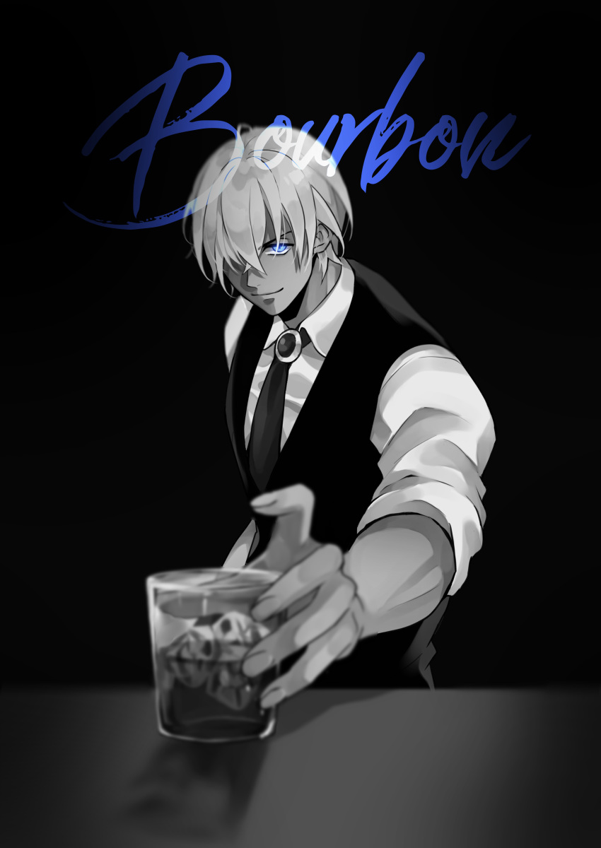 1boy absurdres alcohol amuro_tooru bangs black_background blue_eyes blurry character_name chitose_(chitose_70207) closed_mouth collared_shirt commentary_request depth_of_field fingernails glass hair_between_eyes hair_over_one_eye highres ice ice_cube looking_at_viewer male_focus meitantei_conan monochrome necktie shadow shirt short_hair simple_background sleeves_rolled_up smile solo spot_color upper_body vest
