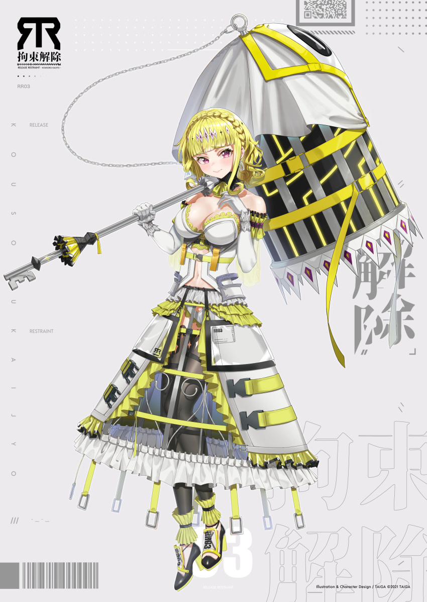 1girl absurdres barcode birdcage blonde_hair breasts cage chain commentary_request dress earrings elbow_gloves eyebrows_visible_through_hair frills gloves grey_background hammer hand_on_own_chest high_heels highres jewelry key large_breasts navel original over_shoulder snap-fit_buckle taiga_(ryukyu-6102-8) thigh-highs violet_eyes weapon weapon_over_shoulder white_dress white_gloves