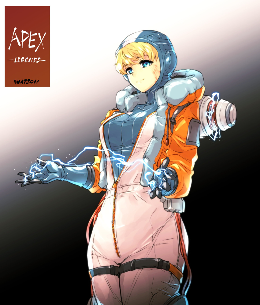 1girl absurdres apex_legends bangs black_background blonde_hair blue_bodysuit blue_eyes blue_gloves bodysuit burn_scar character_name closed_mouth commentary copyright_name cowboy_shot cropped_jacket electricity eyebrows_visible_through_hair gloves gradient gradient_background highres hood hood_down ishiyumi jacket long_sleeves looking_at_viewer open_clothes open_jacket orange_jacket partially_unzipped scar scar_on_cheek scar_on_face short_hair smile solo standing thigh_strap wattson_(apex_legends) white_jumpsuit zipper