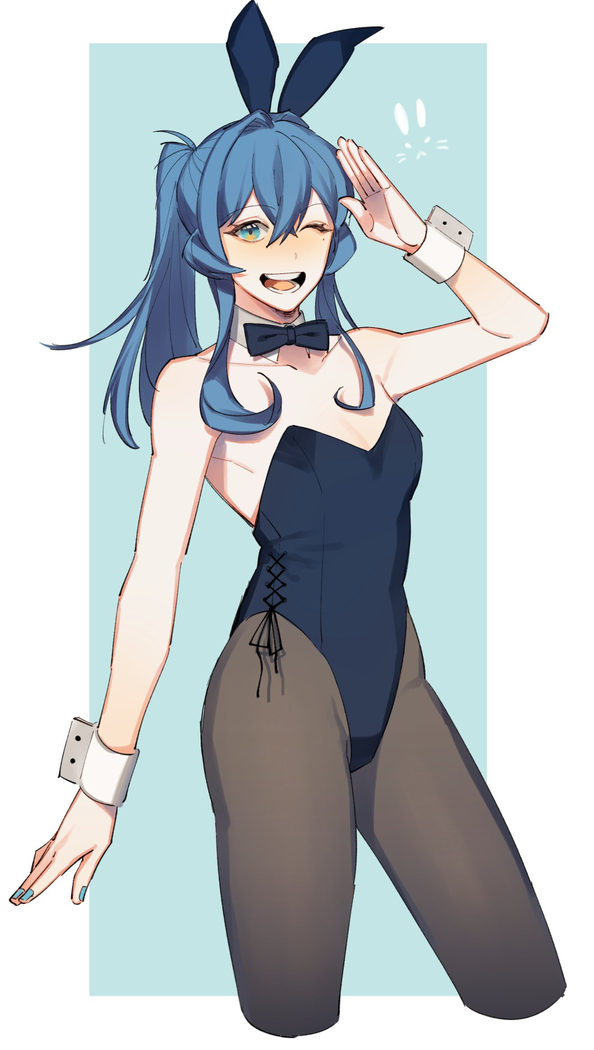 1girl absurdres animal_ears black_legwear black_leotard black_neckwear blue_eyes blue_hair bow bowtie bunny_tail cowboy_shot cropped_legs detached_collar gotland_(kantai_collection) highres kantai_collection leotard long_hair mole mole_under_eye one_eye_closed open_mouth pantyhose playboy_bunny ponytail rabbit_ears round_teeth salute sidelocks smile solo strapless strapless_leotard su_konbu tail teeth upper_teeth wrist_cuffs