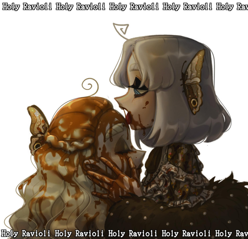 ahoge artist_name blue_eyes butterfly_hair_ornament chocolate chocolate_on_face closed_eyes food food_on_face grey_hair hair_ornament highres holy_ravioli medium_hair open_mouth original pale_skin profile simple_background tagme tongue tongue_out white_background