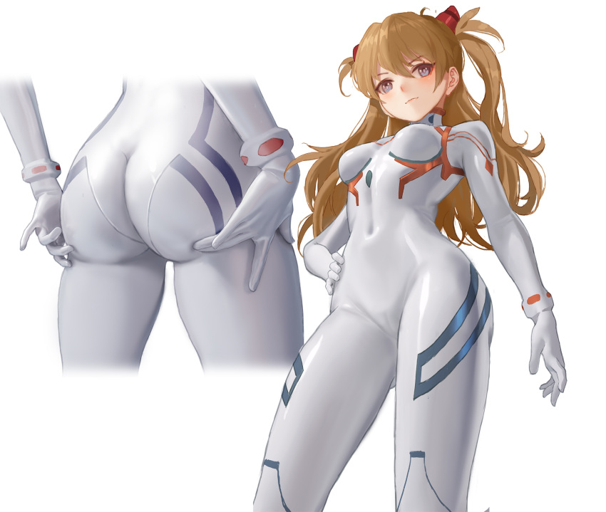 &gt;:) 1girl ass ass_support ass_visible_through_thighs blue_eyes bodysuit breasts brown_hair closed_mouth covered_navel cropped_legs d8800880 evangelion:_3.0+1.0_thrice_upon_a_time from_behind from_below gloves hand_on_hip highres long_hair looking_at_viewer looking_down multiple_views neon_genesis_evangelion plugsuit simple_background skin_tight small_breasts smile souryuu_asuka_langley two_side_up v-shaped_eyebrows white_background white_bodysuit white_gloves