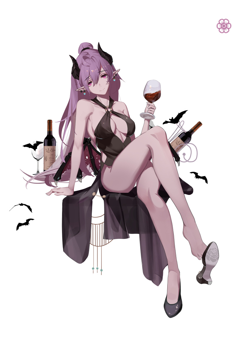 1girl absurdres ahoge alcohol animal bat bottle cheeky_little_star chinese_commentary closed_mouth crossed_legs cup demon_girl demon_horns demon_wings drinking_glass earrings eyebrows_visible_through_hair eyes_visible_through_hair floral_print hair_between_eyes high_heels highres holding holding_cup horns invisible_chair jewelry long_hair low_wings mini_wings o-ring original purple_hair shoe_dangle sitting torn torn_wings vampire violet_eyes wine wine_glass wings