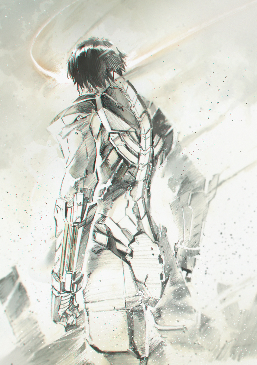 1boy absurdres armor back clenched_hands dust dust_cloud dust_particles hatching_(texture) highres male_focus monochrome original outdoors science_fiction shimoguchi_tomohiro solo spine vambraces wind