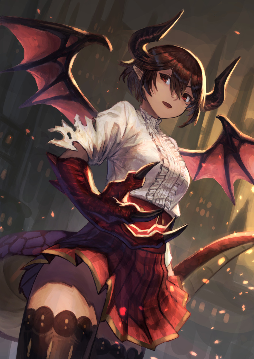 absurdres brown_hair brown_legwear castle claws dragon_girl dragon_horns dragon_tail dragon_wings embers frills grea_(shingeki_no_bahamut) hair_between_eyes highres horns konoike_(pepe_expect) open_mouth outdoors pointy_ears red_eyes red_skirt shingeki_no_bahamut short_hair skirt tail thigh-highs torn torn_clothes wings