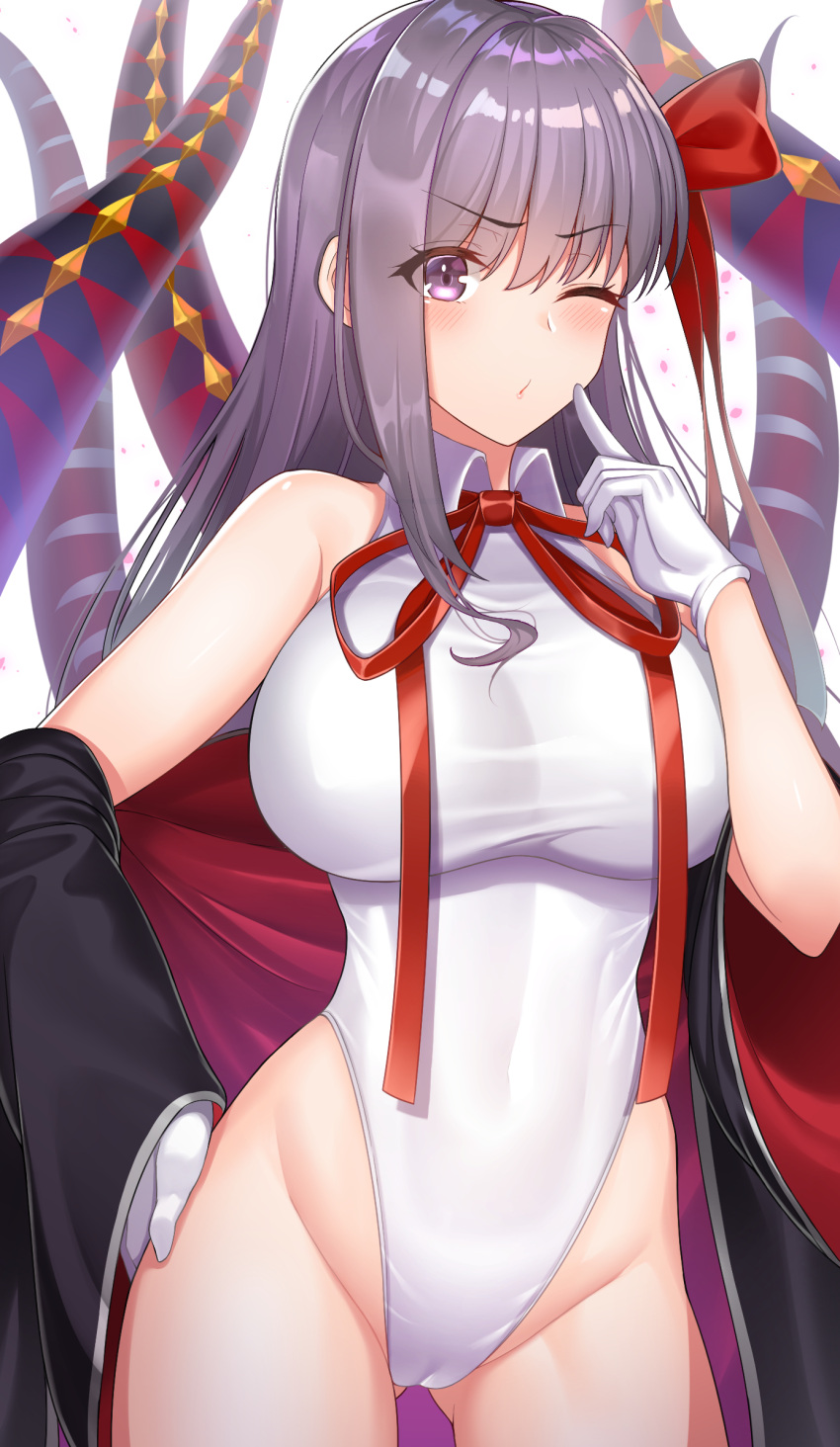 1girl bangs bare_shoulders bb_(fate)_(all) bb_(swimsuit_mooncancer)_(fate) black_coat breasts coat fate/grand_order fate_(series) gloves hair_ribbon hand_on_hip highleg highleg_leotard highres komainu_(yamaha1997) large_breasts leotard long_hair neck_ribbon off_shoulder one_eye_closed open_clothes open_coat popped_collar puckered_lips purple_hair red_ribbon ribbon tentacles thighs very_long_hair violet_eyes white_gloves white_leotard