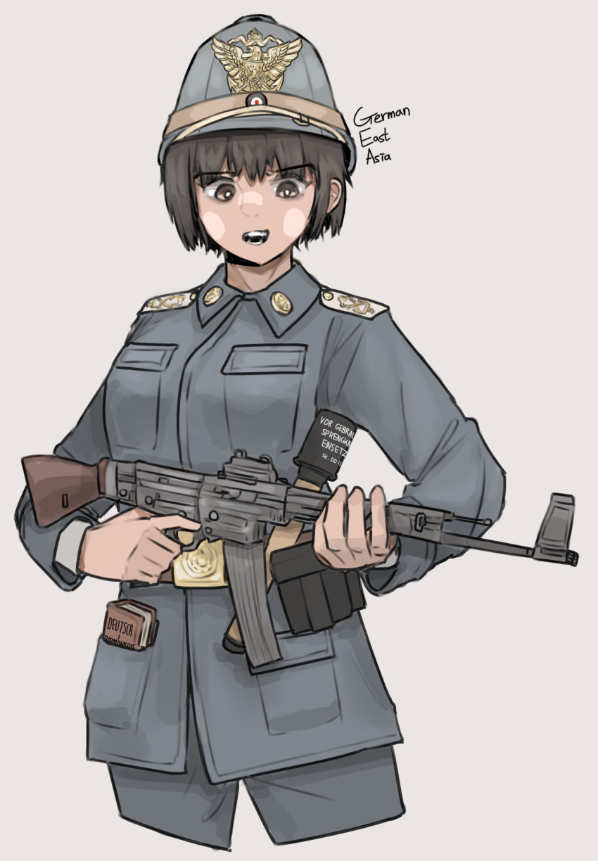 1girl belt book brown_eyes brown_hair epaulettes explosive german_text germany grenade hat helmet highres imperial_german_navy kaiserreich military military_uniform pzkpfwi short_hair uniform weapon