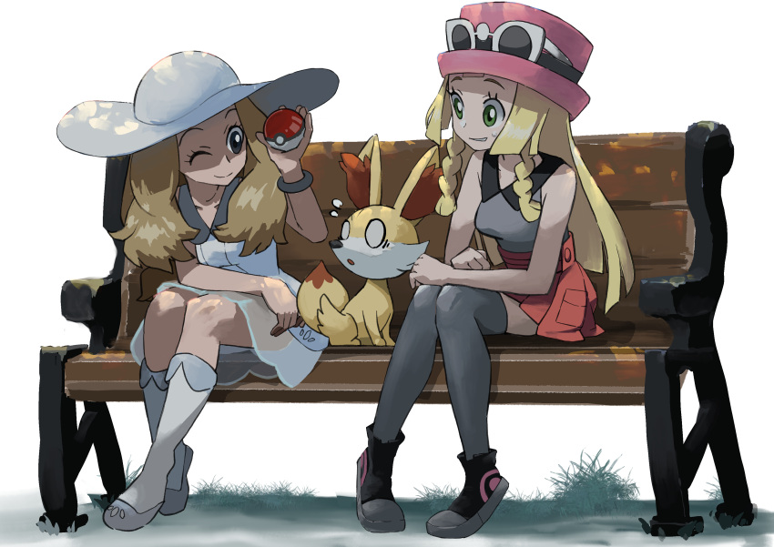 0_0 2girls absurdres bench blonde_hair bracelet braid case-k closed_mouth collared_dress commentary_request cosplay costume_switch dress eyelashes eyewear_on_headwear fennekin gen_6_pokemon grass green_eyes hat highres holding holding_poke_ball jewelry knees_together light_brown_hair lillie_(pokemon) long_hair multiple_girls one_eye_closed parted_lips pigeon-toed pink_headwear pleated_skirt poke_ball poke_ball_(basic) pokemon pokemon_(creature) pokemon_(game) pokemon_sm pokemon_xy red_skirt serena_(pokemon) shirt shoes sitting skirt sleeveless sleeveless_dress sleeveless_shirt smile socks starter_pokemon sun_hat sunglasses sweatdrop thigh-highs twin_braids