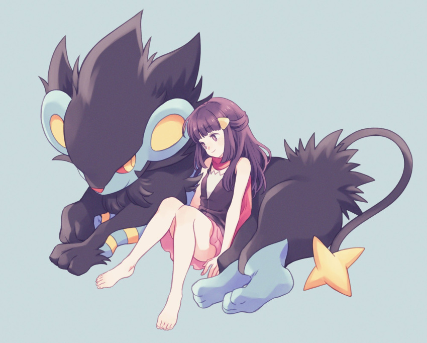 1girl bangs bare_arms barefoot closed_mouth commentary_request hikari_(pokemon) eyelashes gen_4_pokemon grey_background hair_ornament hairclip highres knees_together_feet_apart komasawa_(fmn-ppp) long_hair luxray pink_scarf pokemon pokemon_(creature) pokemon_(game) pokemon_dppt scarf sidelocks simple_background sitting smile toes