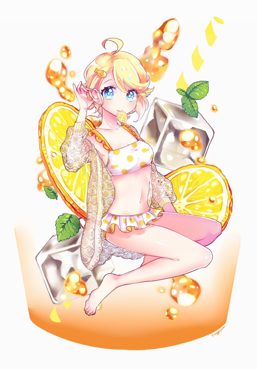 1girl ahoge artist_name bangs barefoot bikini bikini_skirt blonde_hair blue_eyes breasts closed_mouth commentary cover-up cup drinking_glass english_commentary food fruit hand_in_hair highres ice ice_cube kisaragi_yuu_(fallen_sky) leaf lemon lemon_slice long_sleeves looking_at_viewer medium_breasts minigirl mouth_hold original polka_dot polka_dot_bikini short_hair signature sitting smile solo swept_bangs swimsuit yellow_bikini yellow_theme