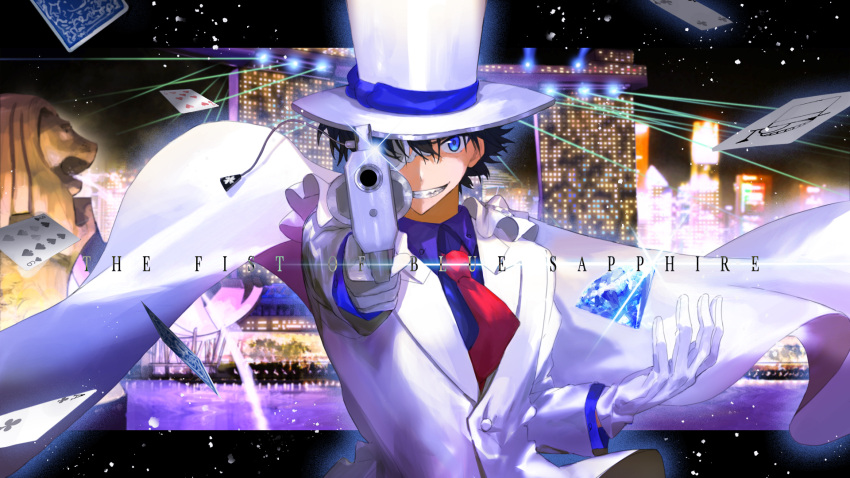 1boy black_hair blue_eyes building cape card city diamond_(gemstone) english_text formal gem gloves gun handgun hat highres holding holding_gun holding_weapon kaitou_kid magic_kaito male_focus meitantei_conan monocle necktie night night_sky outdoors parted_lips playing_card red_neckwear sky smile solo statue suit teeth top_hat upper_body wallpaper water weapon white_cape white_gloves white_headwear white_suit xuefei_(snowdrop)