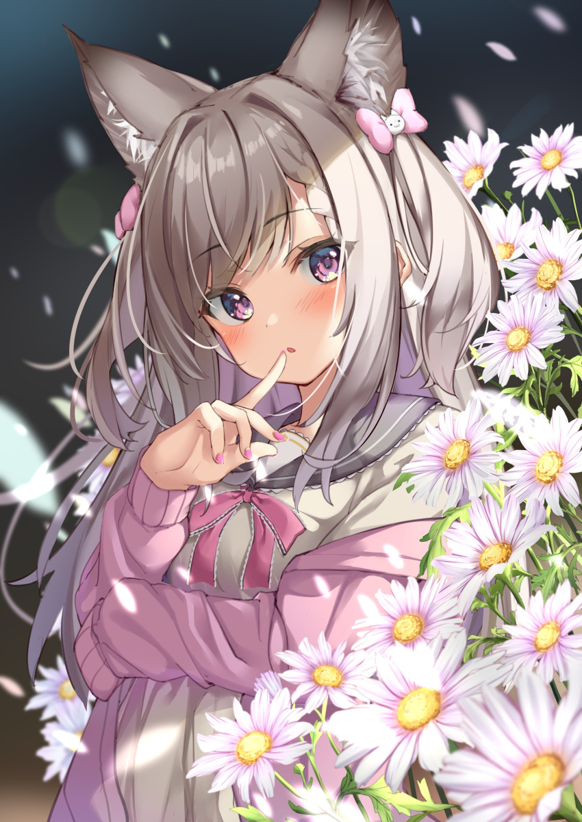 1girl absurdres animal_ears animare blush fingernails flower hair_ribbon highres jacket long_hair looking_at_viewer open_mouth petals portrait ribbon school_uniform shiromiya_mimi silver_hair simple_background solo violet_eyes virtual_youtuber