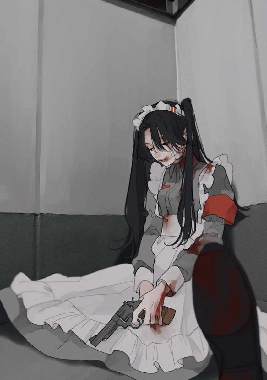 1girl apron black_hair blood blood_on_face blood_stain closed_eyes dress frilled_apron frills grey_dress gun highres holding holding_gun holding_weapon long_hair long_sleeves maid maid_apron maid_headdress original sitting solo tami_moon weapon