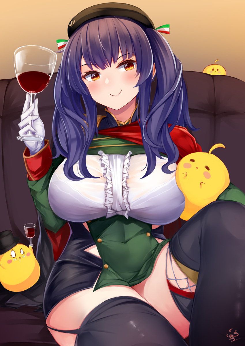 1girl alcohol azur_lane beret black_cape black_headwear black_legwear bra_through_clothes breasts cape center_frills couch covered_navel cup double-breasted dress drinking_glass eyebrows_visible_through_hair framed_breasts frills gloves hat highres holding holding_cup irohasu italian_flag large_breasts long_hair manjuu_(azur_lane) microdress pola_(azur_lane) purple_hair red_cape sitting skindentation smile solo taut_clothes taut_dress thigh-highs thigh_strap top_hat two-tone_cape two-tone_dress white_gloves wine wine_glass yellow_eyes