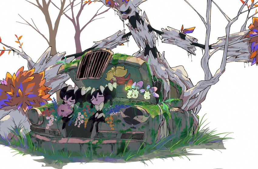 car character_doll closed_eyes commentary_request e_r00m eyelashes flower gastly gen_1_pokemon gen_5_pokemon gen_6_pokemon gen_7_pokemon gen_8_pokemon gossifleur gothita grass ground_vehicle head_tilt highres holding moss motor_vehicle munna pokemon pokemon_(creature) shiinotic sitting tree trevenant white_background