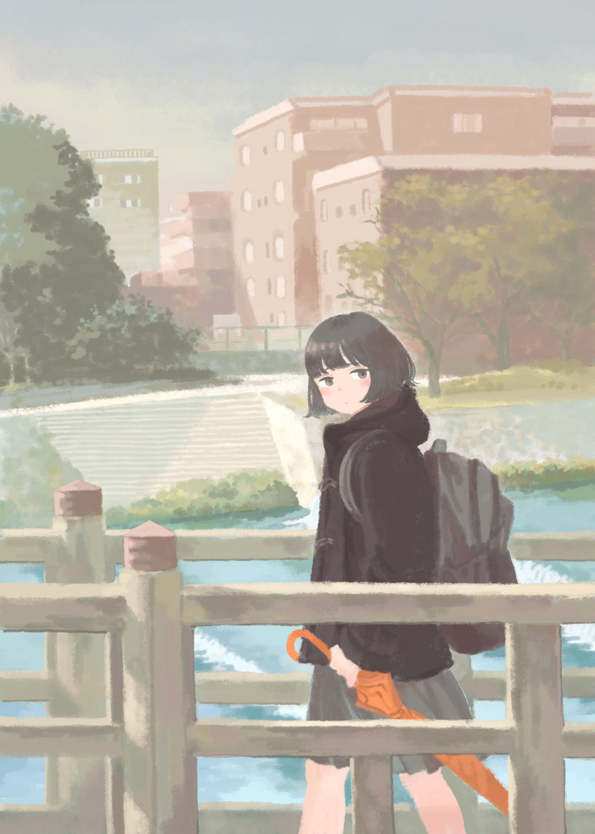 1girl absurdres backpack bag bangs black_jacket blush building day expressionless feet_out_of_frame grey_eyes grey_hair grey_skirt highres holding holding_umbrella hood hood_down hooded_jacket inoue_haruka_(haruharu210) jacket orange_umbrella original outdoors short_hair skirt solo stairs tree umbrella water wide_shot