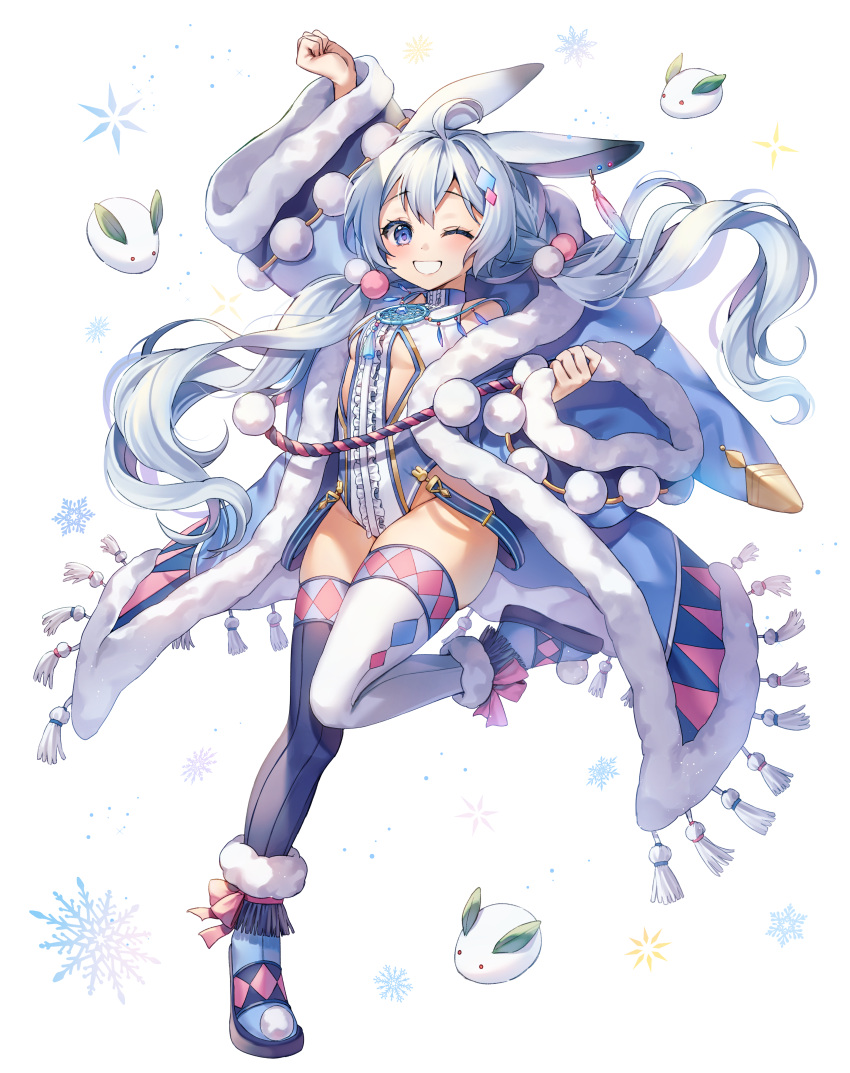 1girl absurdres animal_ears arm_up black_legwear blue_eyes blue_footwear blue_hair blue_leotard boots breasts center_frills chyoling coat commentary_request frills full_body fur-trimmed_boots fur-trimmed_coat fur-trimmed_sleeves fur_trim groin highres hood hood_down hooded_coat leotard long_hair long_sleeves looking_at_viewer low_twintails mismatched_legwear one_eye_closed open_clothes open_coat original rabbit_ears small_breasts smile snow_bunny snowflakes solo standing standing_on_one_leg thigh-highs twintails very_long_hair white_background white_legwear wide_sleeves