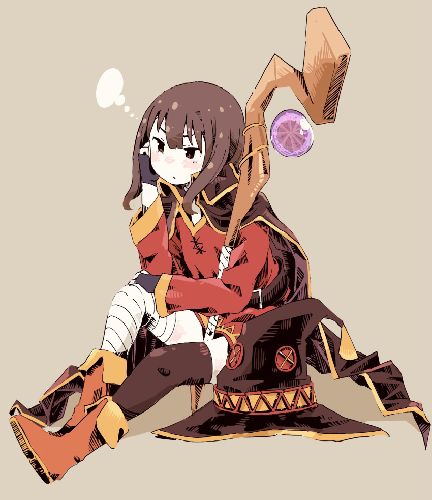 1girl asymmetrical_legwear bandaged_leg bandages black_headwear black_legwear blush boots brown_background brown_footwear brown_hair dress fingerless_gloves full_body gloves hat highres holding holding_staff kono_subarashii_sekai_ni_shukufuku_wo! looking_away megumin nonomotomumumu red_dress short_dress short_hair simple_background single_thighhigh sitting solo staff thigh-highs witch_hat