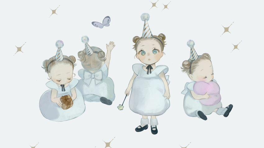 4girls aqua_eyes back_bow black_footwear blush bow brown_hair bug butterfly double_bun dress hat highres insect looking_at_viewer mu_mashu multiple_girls open_mouth original party_hat personification shoes socks white_background white_bow white_dress white_legwear wide_shot