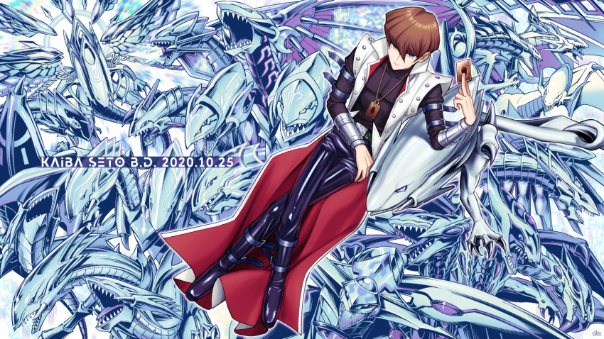 1boy bangs belt belt_buckle blue-eyes_white_dragon blue_eyes boots bracer brown_hair buckle card character_name closed_mouth coat commentary_request crossed_legs dated duel_monster green_belt hair_between_eyes hand_up holding holding_card jewelry kaiba_seto koma_yoichi male_focus necklace pants shiny shiny_hair shirt short_hair white_coat yu-gi-oh!