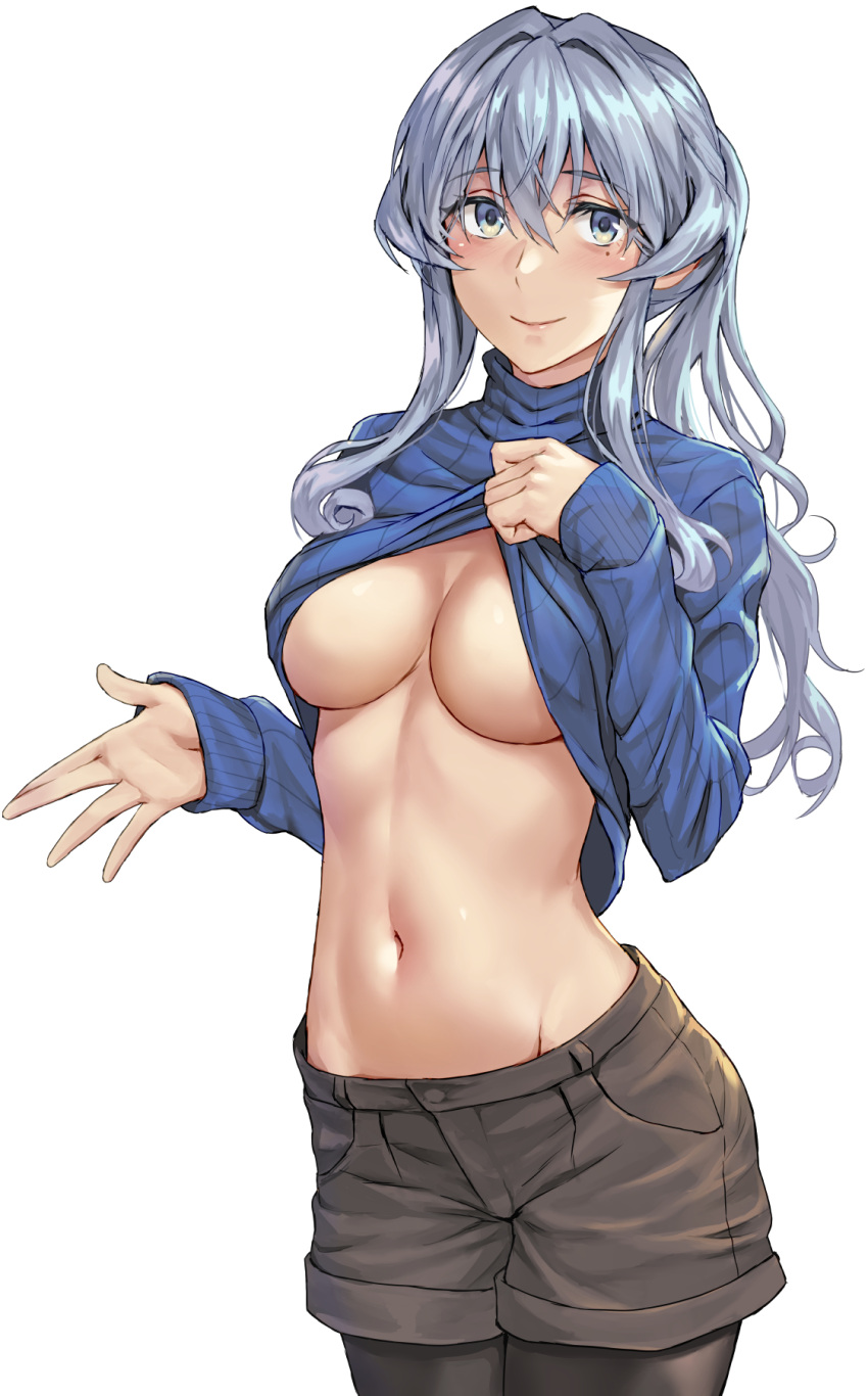 1girl black_legwear black_shorts blue_eyes blue_hair blue_sweater breasts closed_mouth clothes_lift cowboy_shot eyebrows_visible_through_hair gotland_(kantai_collection) groin hair_between_eyes highres kantai_collection kokuzou large_breasts lifted_by_self long_hair long_sleeves mole mole_under_eye navel ribbed_sweater shorts simple_background smile solo sweater sweater_lift thigh-highs white_background