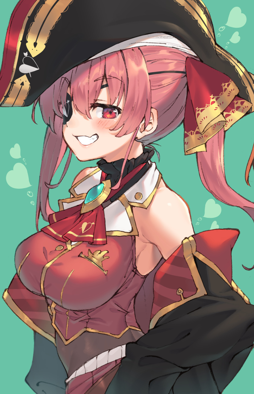 1girl absurdres bangs bare_shoulders bicorne black_coat bodystocking breasts coat crop_top cropped_jacket embroidery epaulettes eyepatch gold_trim grin hair_ribbon hat highres hololive houshou_marine jacket joker_(tomakin524) large_breasts long_hair midriff off_shoulder pink_hair pirate pirate_hat red_eyes red_jacket red_ribbon redhead ribbon sleeveless sleeveless_jacket smile solo twintails virtual_youtuber