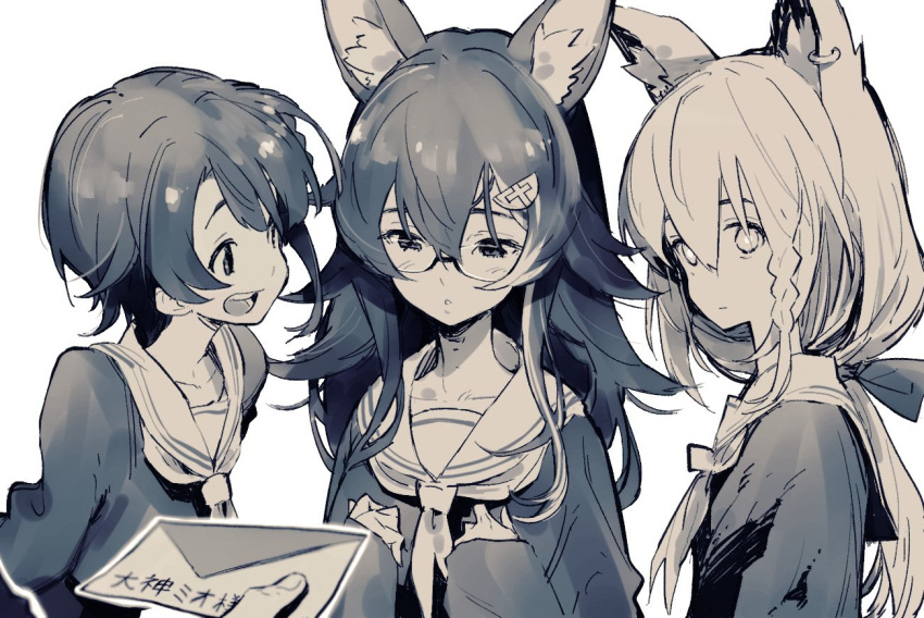 3girls alternate_costume animal_ear_fluff animal_ears asymmetrical_hair braid breasts closed_mouth commentary ear_piercing empty_eyes expressionless fox_ears glasses greyscale hair_between_eyes hair_ornament hair_ribbon hands_on_own_chest hololive long_hair looking_at_another looking_at_viewer love_letter monochrome multicolored_hair multiple_girls ookami_mio oozora_subaru open_mouth piercing ponytail pov ribbon sailor_collar school_uniform serafuku shirakami_fubuki short_hair side_braid simple_background single_braid sleeves_past_wrists small_breasts smile staring streaked_hair tamo_(gaikogaigaiko) translated two-tone_hair upper_body virtual_youtuber white_background wolf_ears