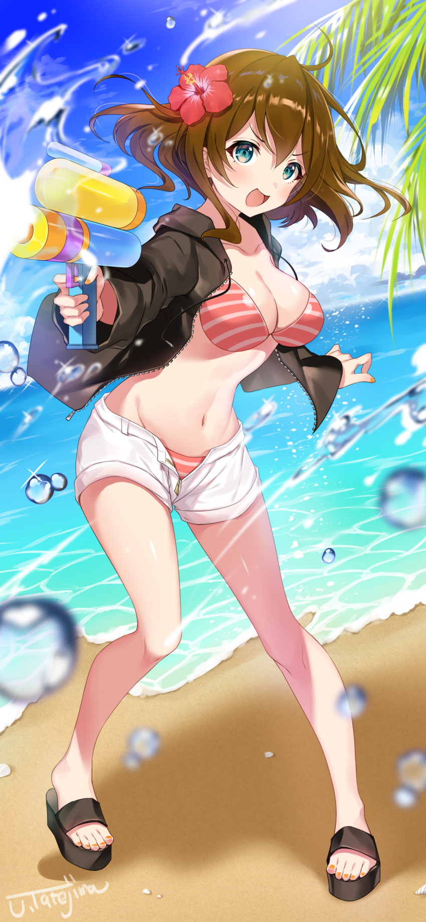 1girl absurdres ahoge bangs beach bikini blue_eyes blush breasts character_request clouds collarbone copyright_request flower full_body groin gun hair_flower hair_ornament hands_up highres holding holding_gun holding_weapon jacket large_breasts leaf legs looking_at_viewer navel ocean open_clothes open_mouth red_flower rei_(kinokotype) sand short_shorts shorts sky solo standing swimsuit water water_drop water_gun weapon