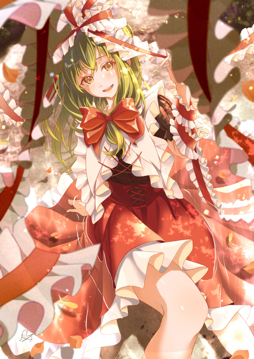 1girl :d absurdres arm_support bangs blurry blurry_background blurry_foreground bow cross-laced_clothes dress eyebrows_behind_hair feet_out_of_frame frills front_ponytail green_eyes green_hair hair_bow hair_ribbon highres kagiyama_hina knee_up leaning_back light_blush long_hair open_mouth partially_submerged petals petticoat red_bow red_dress red_ribbon ribbon signature sitting smile solo totomiya touhou water