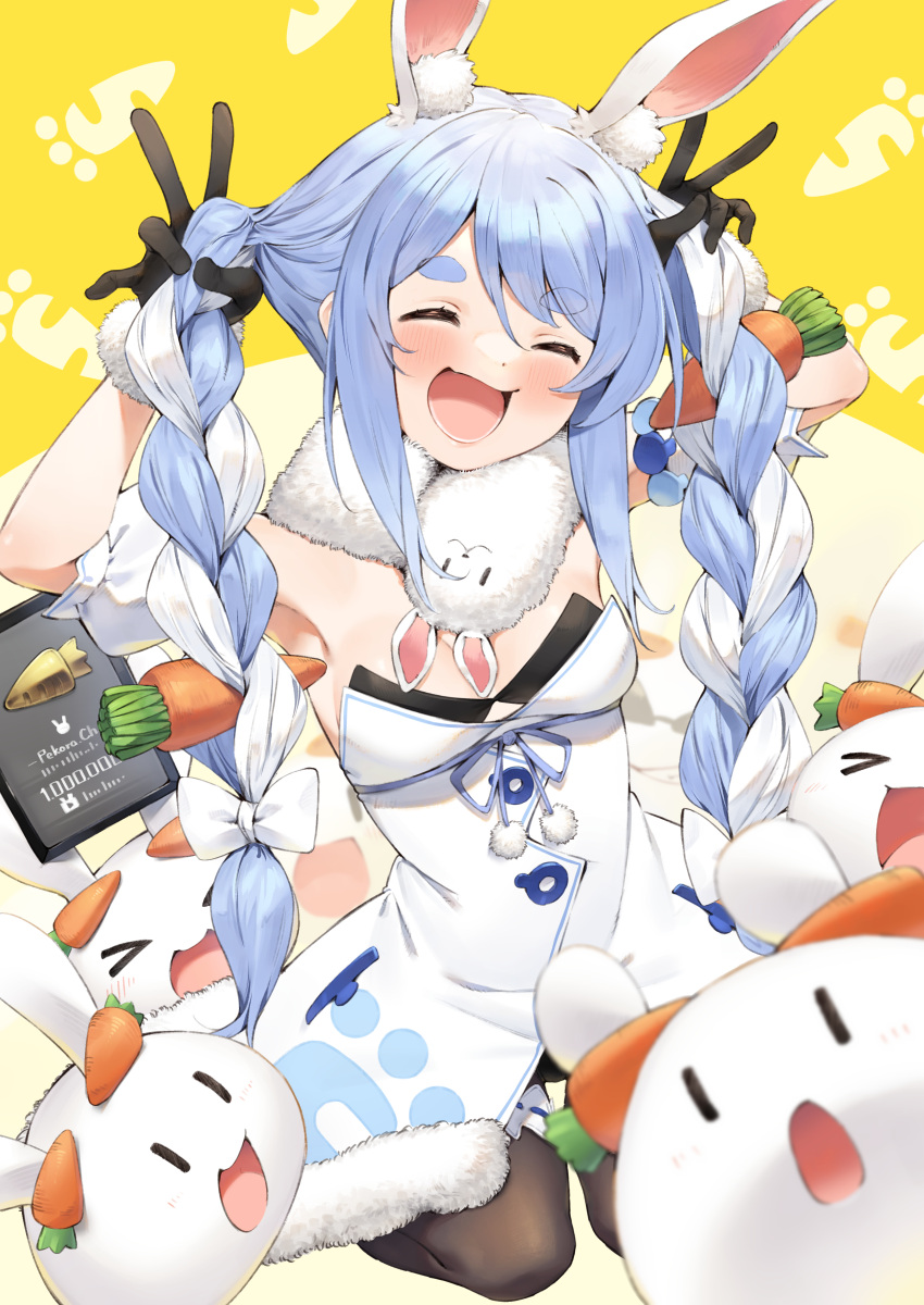 &gt;_&lt; 1girl :d ^_^ absurdres animal_ear_fluff animal_ears bangs black_gloves black_legwear black_leotard blue_hair braid breasts bunny-shaped_pupils carrot_hair_ornament closed_eyes coat detached_sleeves don-chan_(usada_pekora) double_v dress food_themed_hair_ornament fur-trimmed_coat fur-trimmed_gloves fur_scarf fur_trim gloves hair_ornament hands_up highres hikimayu holding holding_hair hololive joker_(tomakin524) leotard long_hair looking_at_viewer multicolored_hair nousagi_(usada_pekora) open_mouth pantyhose play_button playboy_bunny puffy_short_sleeves puffy_sleeves rabbit_ears scarf seiza short_eyebrows short_sleeves sidelocks sitting small_breasts smile solo strapless_coat swept_bangs thigh_strap twin_braids twintails two-tone_hair usada_pekora v very_long_hair virtual_youtuber white_coat white_dress white_hair white_scarf white_sleeves xd yellow_background youtube_creator_award