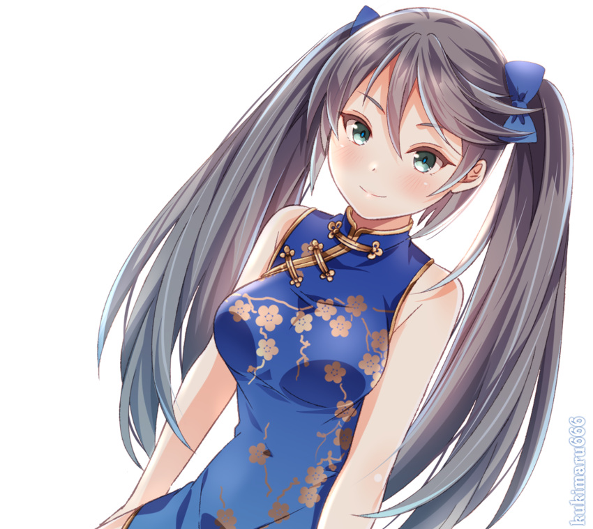 1girl alternate_costume black_hair blue_dress blue_ribbon breasts china_dress chinese_clothes commentary_request dress dutch_angle floral_print green_eyes hair_ribbon highres isuzu_(kantai_collection) kantai_collection kukimaru large_breasts long_hair looking_at_viewer ribbon simple_background sleeveless smile solo twintails twitter_username white_background