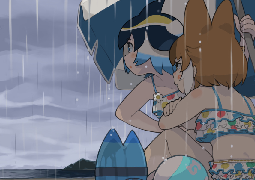 2girls animal_ears ball bangs beach_umbrella beachball bikini blue_eyes blue_hair brown_hair closed_mouth commentary_request common_dolphin_(kemono_friends) crossed_arms dhole_(kemono_friends) dog_ears frilled_bikini frills frown grey_skirt highres japari_symbol kemono_friends lucky_beast_(kemono_friends) multicolored multicolored_polka_dots multiple_girls ocean open_mouth outdoors overcast partial_commentary polka_dot polka_dot_bikini rain rinx shore short_hair sitting skirt swimsuit umbrella