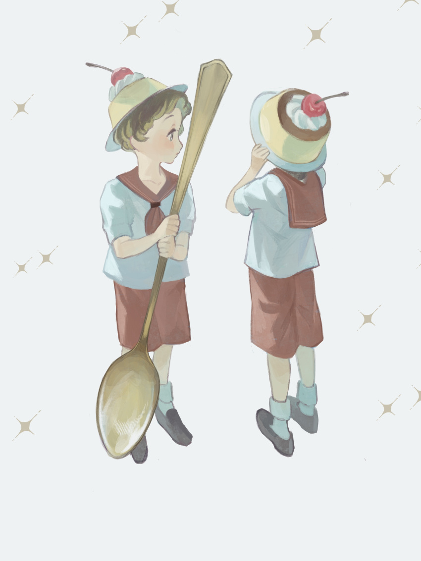 2girls absurdres black_footwear brown_hair cherry food food_on_head fruit hands_up highres holding holding_spoon mu_mashu multiple_girls object_on_head original oversized_object personification profile pudding red_sailor_collar red_shorts sailor_collar shirt shoes short_hair short_sleeves shorts socks spoon white_background white_legwear white_shirt