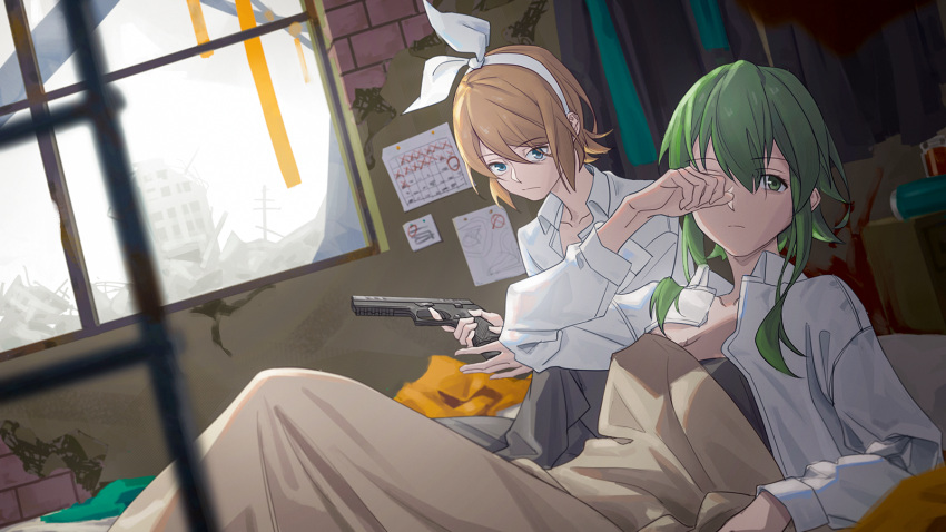 2girls blanket blonde_hair blue_eyes bow calendar_(object) commentary expressionless green_eyes green_hair gumi gun hair_bow hairband highres holding holding_gun holding_weapon indoors kagamine_rin looking_at_viewer multiple_girls open_clothes open_shirt rubbing_eyes ruins shirt short_hair sidelocks under_covers vocaloid waking_up weapon white_hair white_shirt wounds404