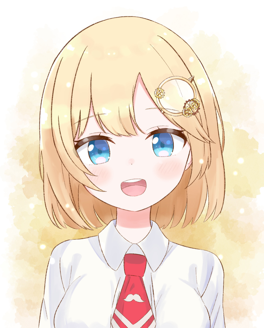 1girl :d blonde_hair blue_eyes blush breasts brown_background collared_shirt commentary gear_hair_ornament hair_ornament happy highres hololive hololive_english ixia_(ixia424) large_breasts looking_at_viewer monocle_hair_ornament mustache_print necktie open_mouth print_neckwear red_neckwear shirt short_hair smile solo symbol_commentary upper_body upper_teeth virtual_youtuber watson_amelia white_shirt