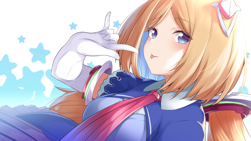 1girl :p \m/ aki_rosenthal bangs blonde_hair blue_eyes blue_jacket bob_cut collared_dress detached_hair dress dutch_angle elbow_gloves enatsu eyebrows_visible_through_hair gloves headgear hololive jacket light_blush long_hair looking_at_viewer low_twintails necktie parted_bangs pleated_dress red_neckwear short_dress short_sleeves shrug_(clothing) smile solo tongue tongue_out twintails two-tone_dress unmoving_pattern virtual_youtuber white_dress white_gloves