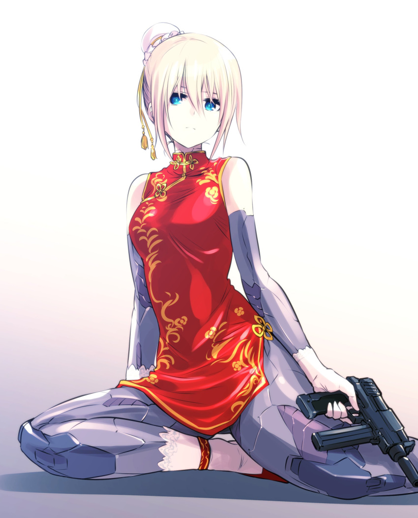 1girl absurdres bangs black_footwear blonde_hair blue_eyes bun_cover china_dress chinese_clothes closed_mouth commentary dress expressionless flats gradient gradient_background gun hair_bun high_collar highres holding holding_gun holding_weapon ishiyumi looking_at_viewer mechanical_arms mechanical_buddy_universe mechanical_legs print_dress red_dress shadow short_dress short_hair side_slit sitting sleeveless sleeveless_dress solo submachine_gun weapon yokozuwari