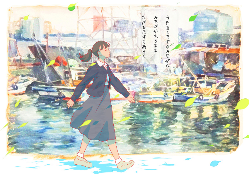 1girl black_cardigan boat brown_hair cardigan closed_eyes collared_shirt grey_skirt highres inumaru_(sougen_no_marogoya) leaf long_sleeves original ponytail profile reflection shirt skirt solo standing translation_request water watercraft white_shirt wide_shot