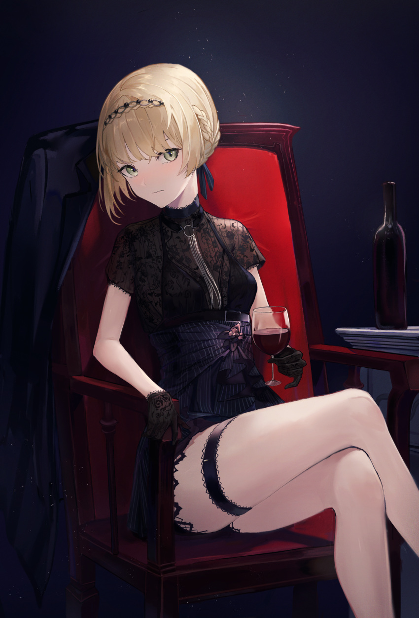 1girl absurdres alcohol armchair bangs black_gloves blonde_hair blunt_bangs blush bottle braid chair closed_mouth crossed_legs crown_braid cup dress drinking_glass feet_out_of_frame girls_frontline gloves green_eyes hair_ribbon highres holding huge_filesize jacket jacket_removed leg_garter o-ring official_alternate_costume red_wine ribbon shichi_(ratorin53) short_hair short_sleeves sidelocks sitting solo welrod_mk2_(girls_frontline) wine wine_bottle wine_glass