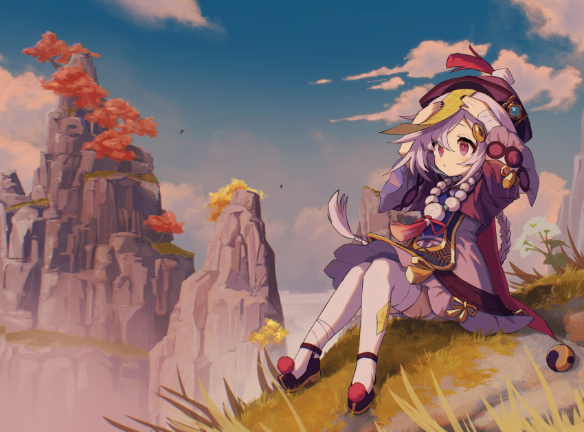 1girl ama73 bandaged_arm bandages bangs black_nails braid coin_hair_ornament dress evening flower frilled_dress frilled_sleeves frills genshin_impact grass hat highres long_hair long_sleeves mountain outdoors pink_eyes pom_pom_(clothes) purple_dress purple_footwear purple_hair qiqi shoes sitting talisman thigh-highs tree vision_(genshin_impact) white_flower white_legwear wide_sleeves