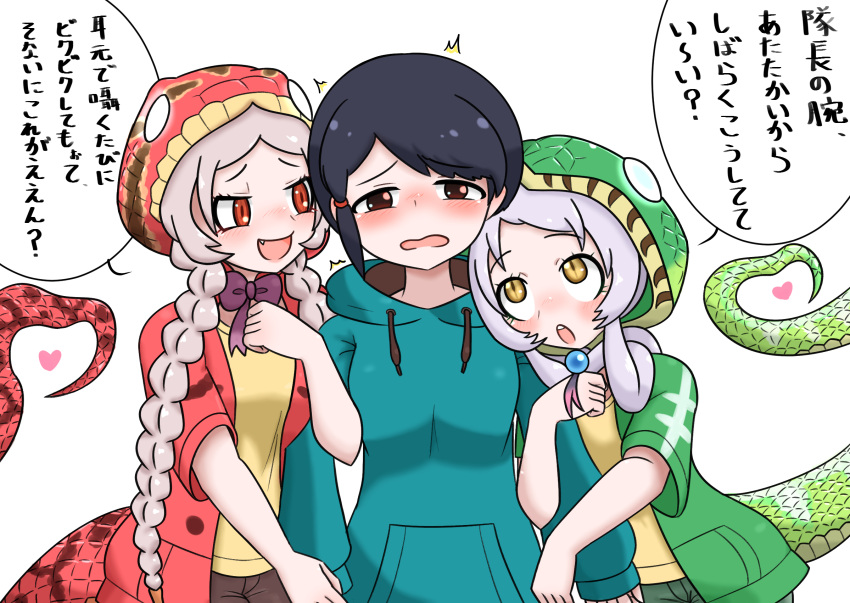 3girls amazon_tree_boa_(kemono_friends) black_hair blue_hoodie blush bow bowtie braid brown_eyes brown_shorts cacaocreate captain_(kemono_friends) commentary_request cowboy_shot emerald_tree_boa_(kemono_friends) fang girl_sandwich green_hoodie green_shorts grey_hair hair_rings heart heart_tail highres hood hood_down hood_up hoodie kemono_friends kemono_friends_3 long_sleeves multiple_girls open_clothes open_hoodie open_mouth purple_bow purple_bowtie red_eyes red_hoodie sandwiched scales shirt short_hair short_sleeves shorts sidelocks snake_print snake_tail tail translation_request twin_braids yellow_eyes yellow_shirt