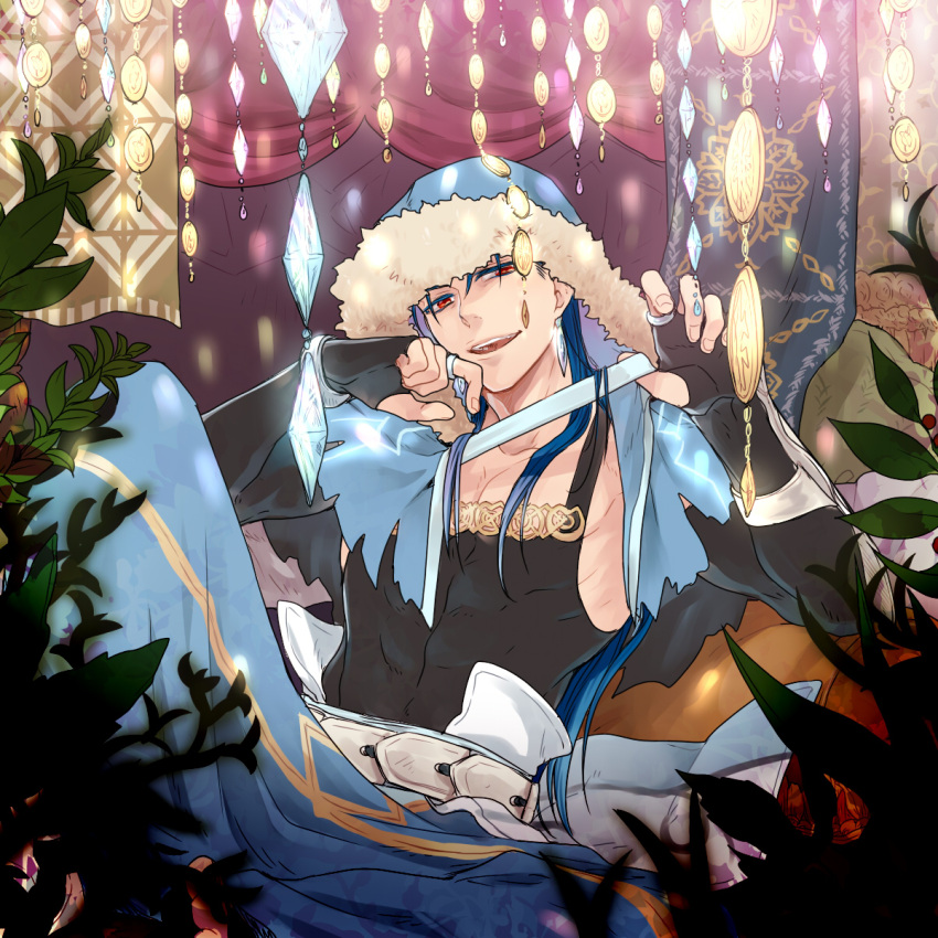 1boy abs belt blue_hair bracelet capelet cu_chulainn_(fate)_(all) cu_chulainn_(fate/grand_order) earrings elbow_gloves fate/grand_order fate_(series) fingerless_gloves fur-trimmed_hood fur_trim gloves highres hood hood_up hooded_capelet jewelry knee_up leaf long_hair looking_at_viewer male_focus open_mouth red_eyes skin_tight smile solo tank_top vambraces zunda_(stnt_ubw)