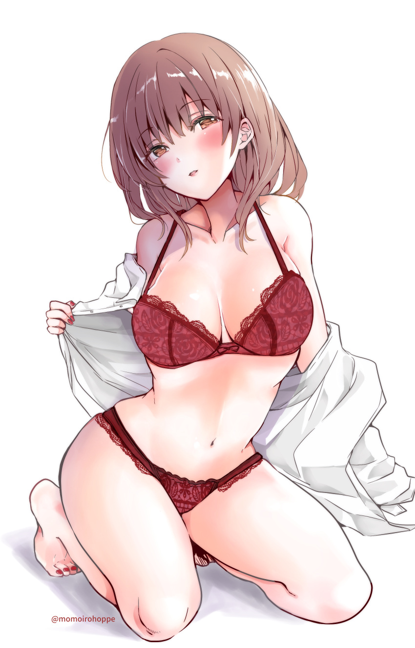 1girl absurdres amami_reiko bangs bare_shoulders barefoot blush bow bow_bra bra breasts brown_hair collarbone dress_shirt eyebrows_visible_through_hair fingernails half-closed_eyes head_tilt highres kneeling lace-trimmed_bra lace-trimmed_panties lace_trim lingerie looking_at_viewer medium_breasts navel no_pants off_shoulder open_clothes open_shirt orange_eyes original panties parted_lips red_bra red_nails red_panties shirt simple_background skindentation toenails twitter_username underwear undressing white_shirt
